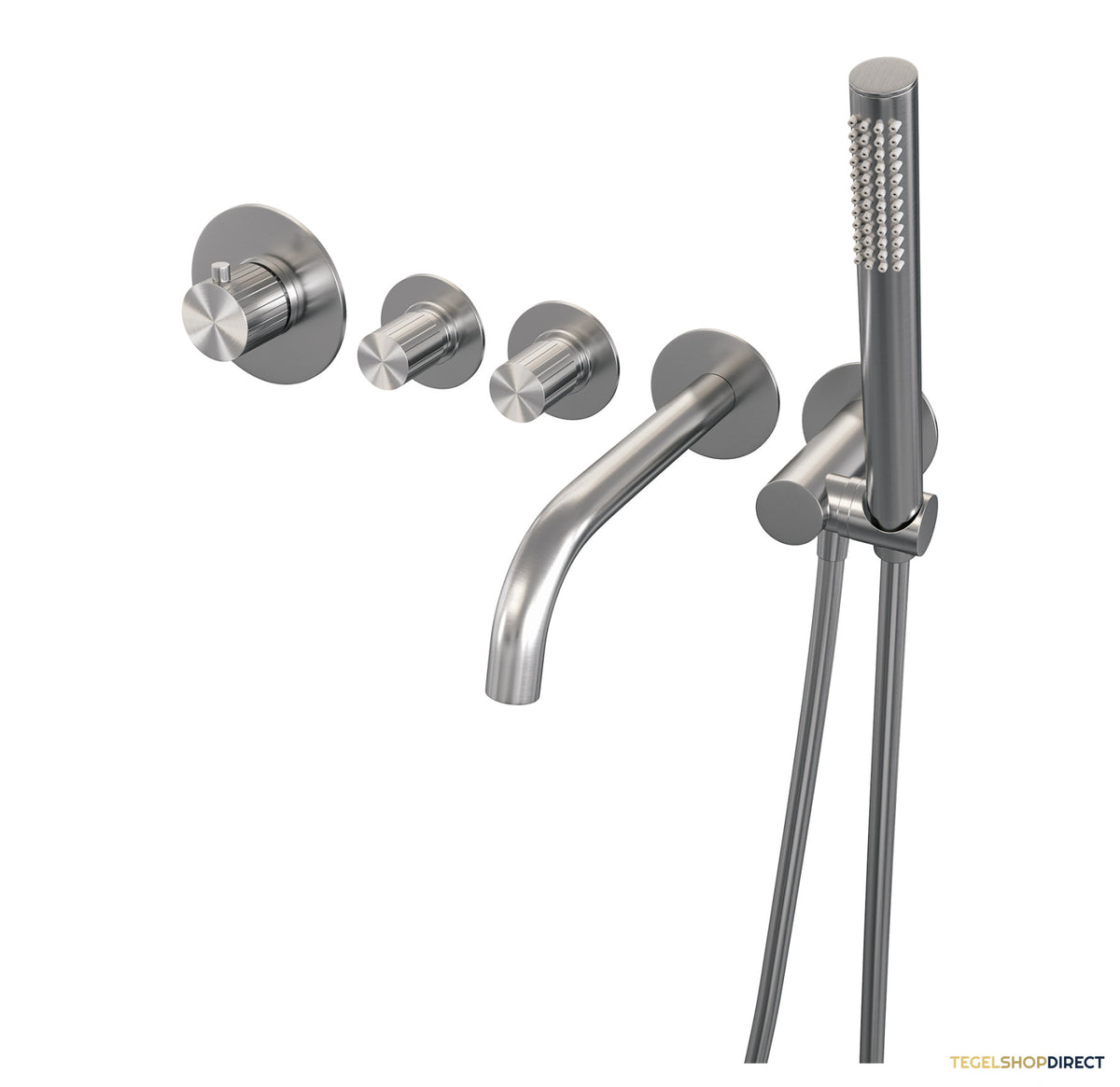 Brauer Stripe thermostatische inbouw badkraan SET 01 met uitloop en staaf handdouche en doucheslang en wandaansluitbocht RVS-kleurig geborsteld PVD – afbeelding 2