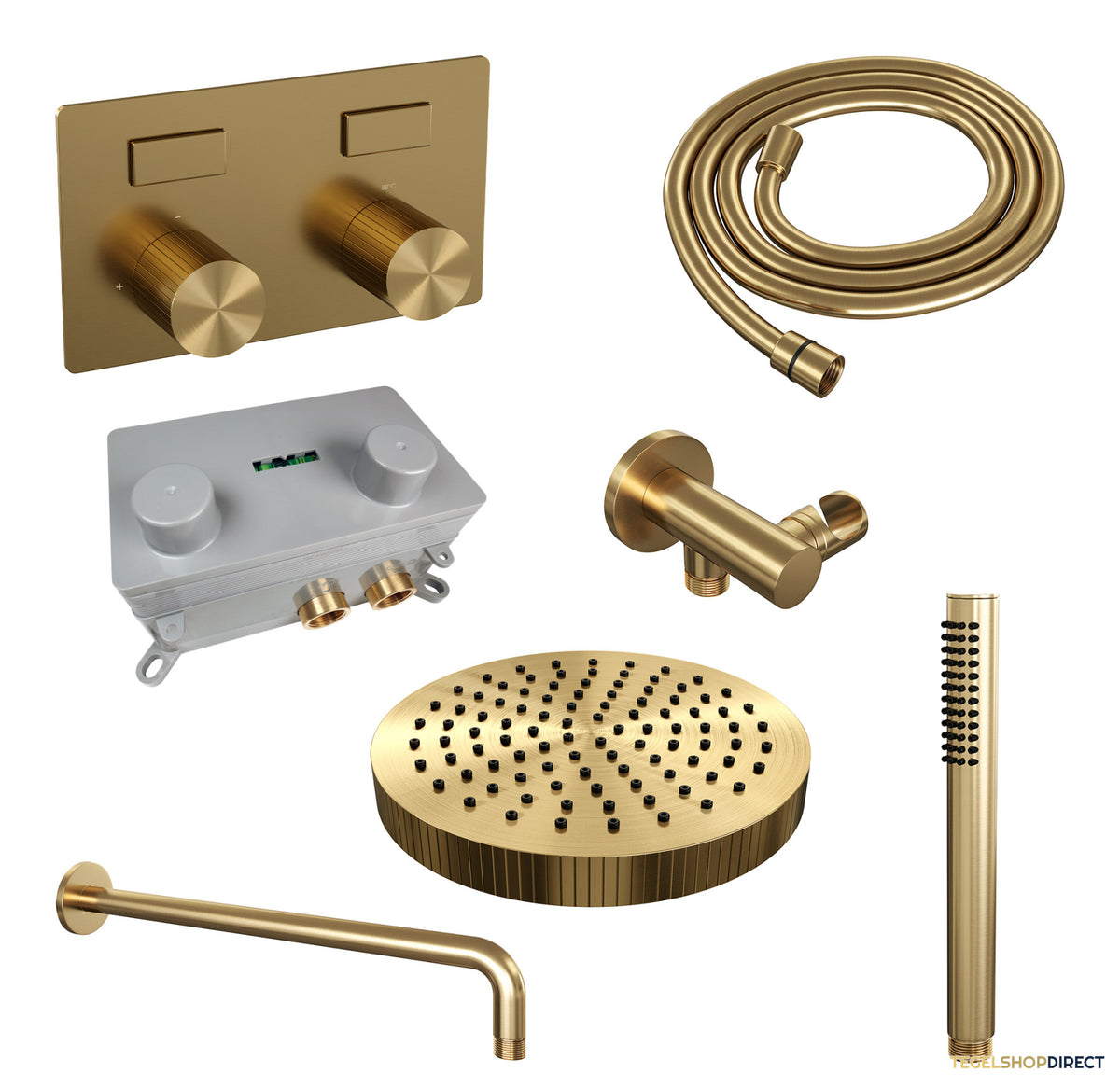 Brauer Stripe thermostatische inbouw regendouche met drukknoppen SET 26 met 25 cm douchekop en gebogen muurarm en staaf handdouche en doucheslang en wandaansluitbocht goud geborsteld PVD – afbeelding 3