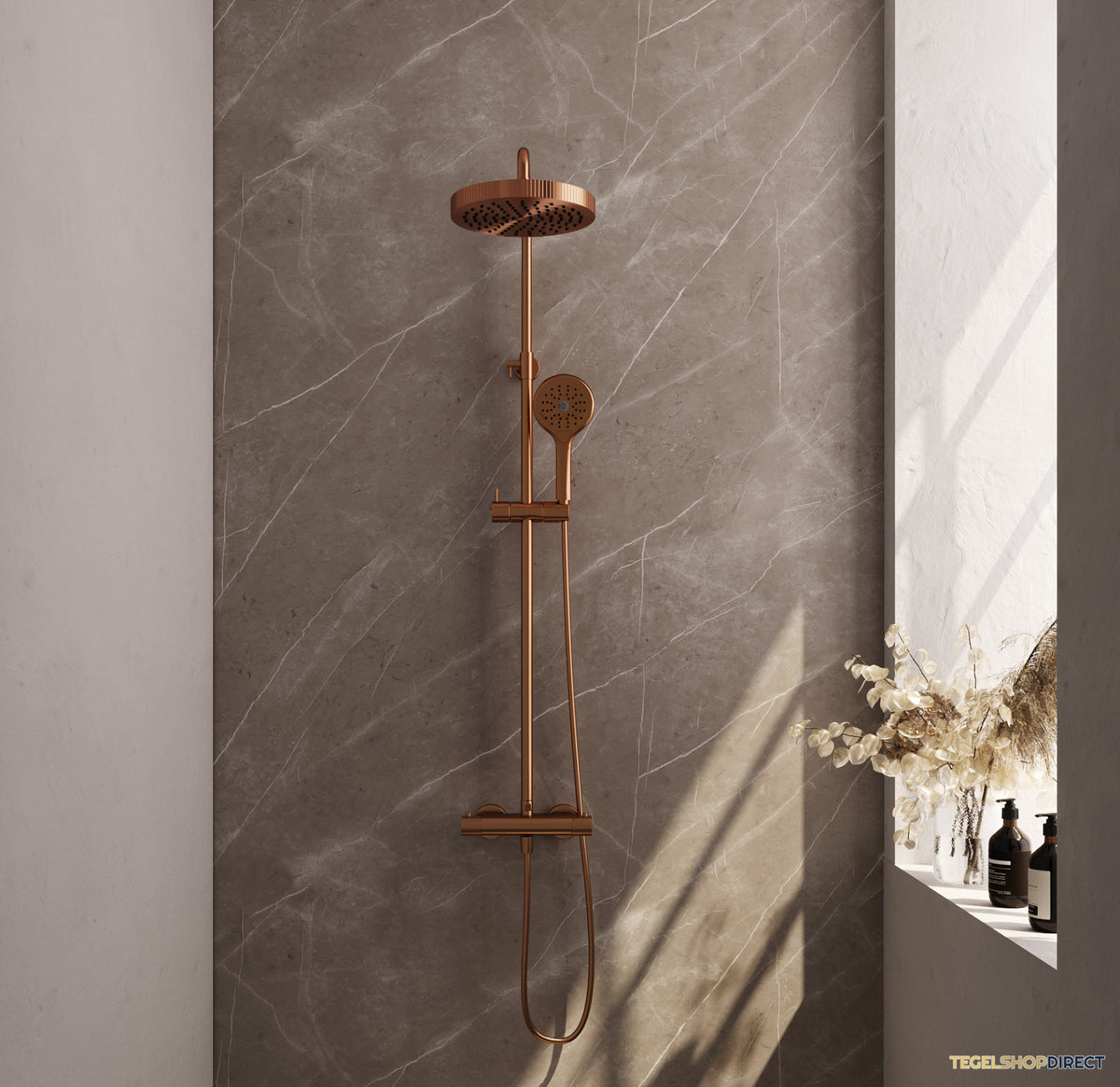 Brauer Stripe opbouw thermostatische regendouche SET 02 met 25 cm hoofddouche en 3-standen handdouche en doucheslang koper geborsteld PVD