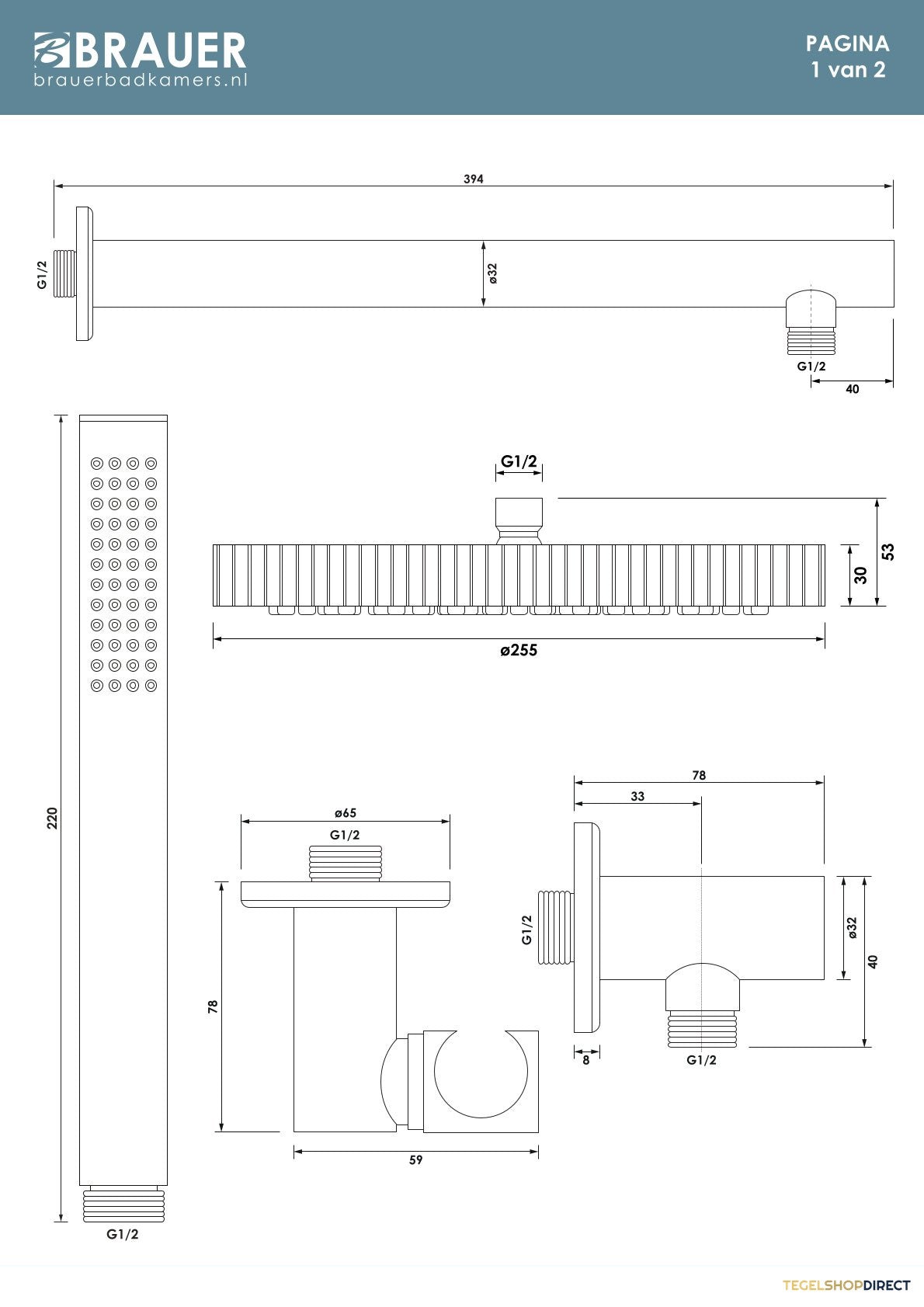 Brauer Stripe thermostatische inbouw regendouche met drukknoppen SET 25 met 25 cm douchekop en rechte muurarm en staaf handdouche en doucheslang en wandaansluitbocht goud geborsteld PVD – afbeelding 9