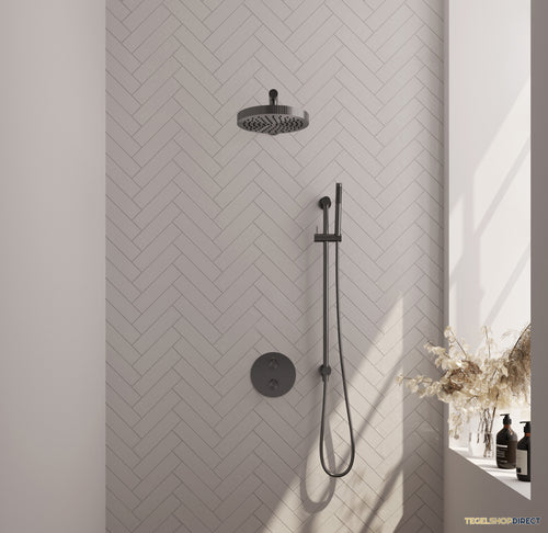 Brauer Stripe thermostatische inbouw regendouche 3-weg rond SET 43 met 25 cm douchekop en rechte muurarm en staaf handdouche en doucheslang en geintegreerde glijstang gunmetal geborsteld PVD
