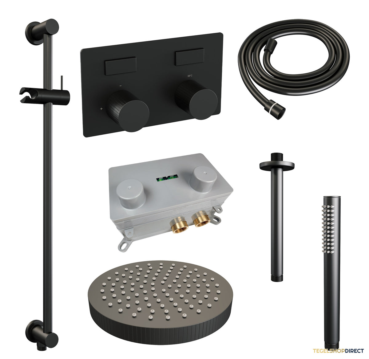 Brauer Stripe thermostatische inbouw regendouche met drukknoppen SET 33 met 25 cm douchekop en plafondarm en staaf handdouche en doucheslang en geintegreerde glijstang mat zwart – afbeelding 3