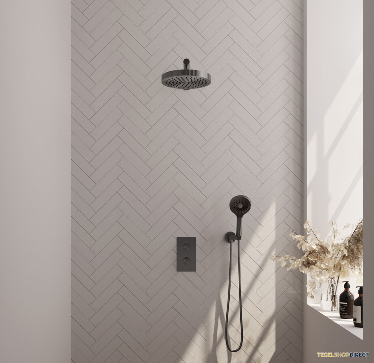Brauer Stripe thermostatische inbouw regendouche 3-weg rechthoekig SET 16 met 25 cm douchekop en rechte muurarm en 3-standen handdouche en doucheslang en wandaansluitbocht gunmetal geborsteld PVD