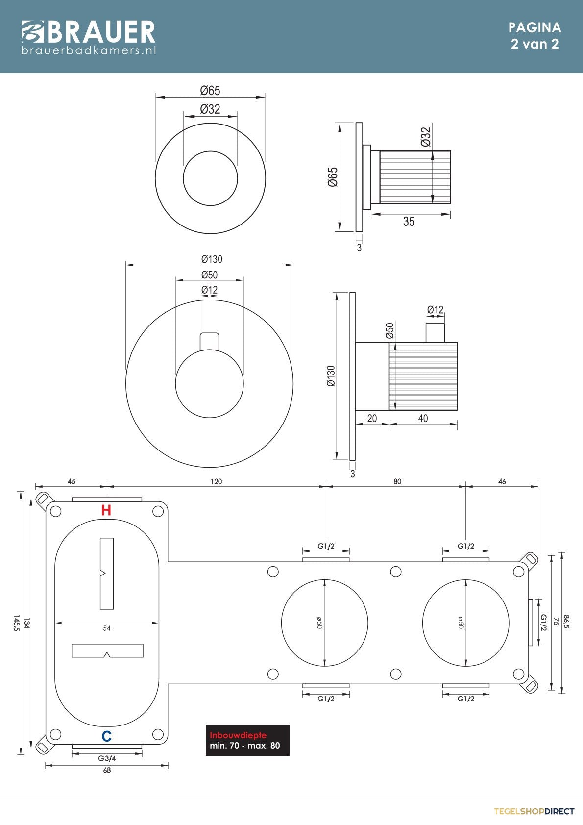 Brauer Stripe thermostatische inbouw badkraan SET 02 met badvulcombinatie en 3-standen handdouche en doucheslang en wandaansluitbocht mat zwart – afbeelding 10