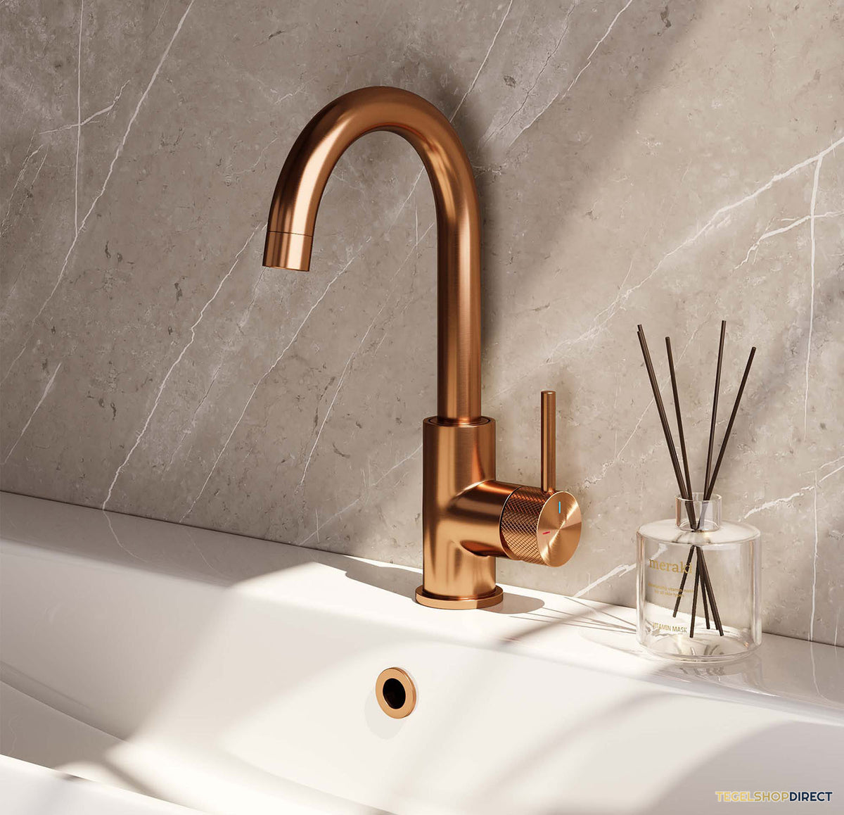 Wastafelmengkraan Brauer Copper Carving Coldstart Opbouw Hoog Gebogen Ronde Hendel Geborsteld Koper PVD PVD – afbeelding 2