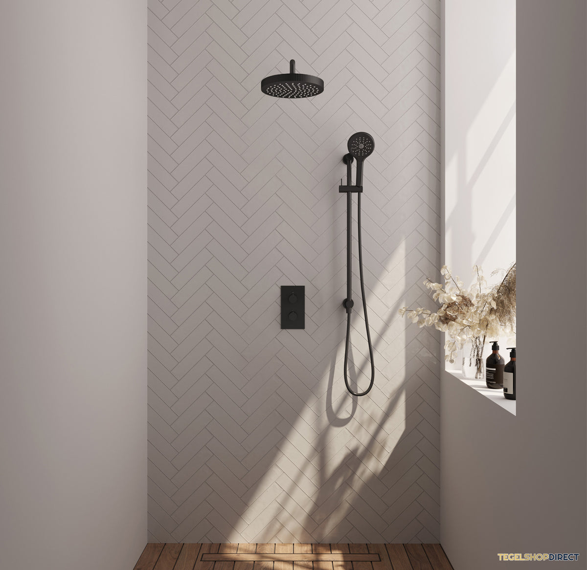 Brauer Stripe thermostatische inbouw regendouche 3-weg rechthoekig SET 23 met 25 cm douchekop en gebogen muurarm en 3-standen handdouche en doucheslang en geintegreerde glijstang mat zwart – afbeelding 2