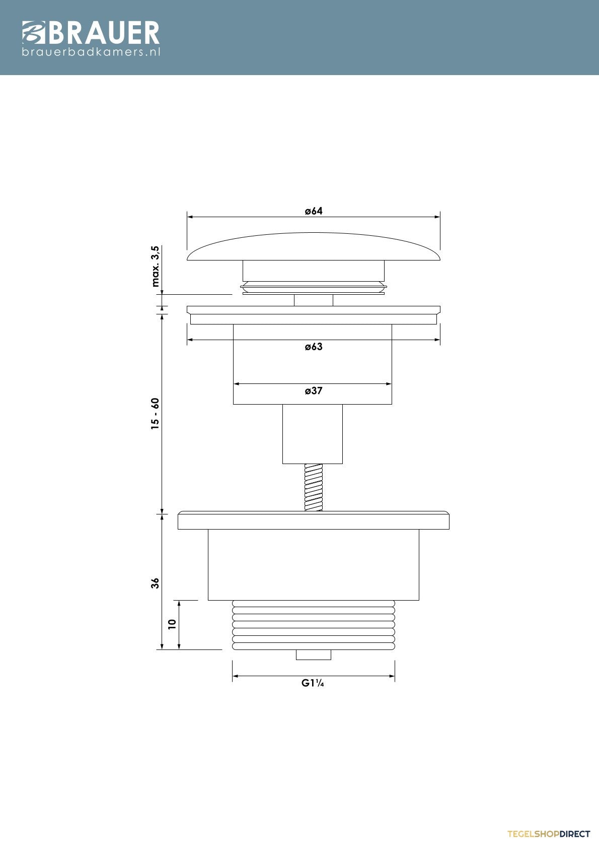 Klikwaste Brauer Afvoerplug Messing Binnenwerk 5/4 Mat Zwart – afbeelding 2