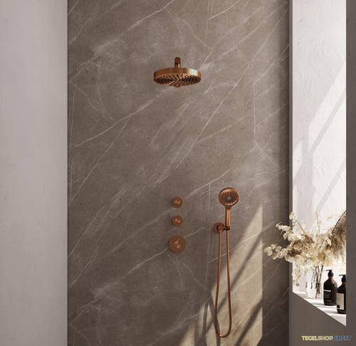 Brauer Stripe thermostatische inbouw regendouche SET 04 met 25 cm douchekop en rechte muurarm en 3-standen handdouche en doucheslang en wandaansluitbocht koper geborsteld PVD