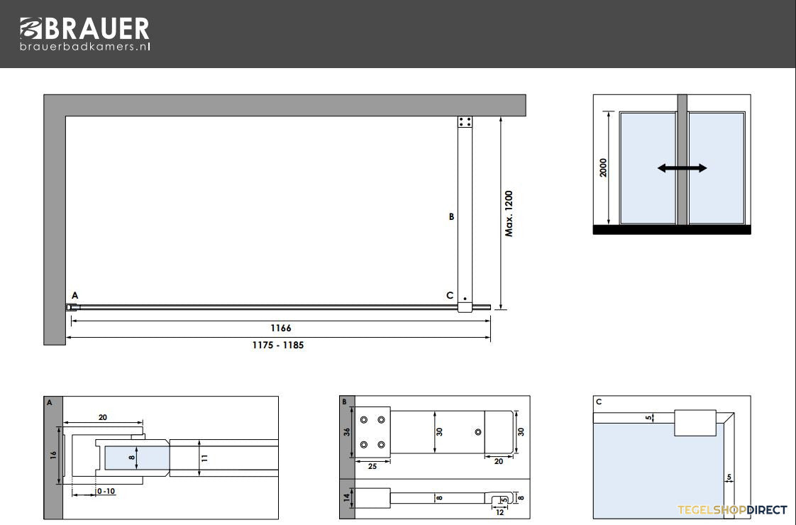 BRAUER Season inloopdouche model D helder glas 120x200 incl. glascoating Season-Goud – afbeelding 4