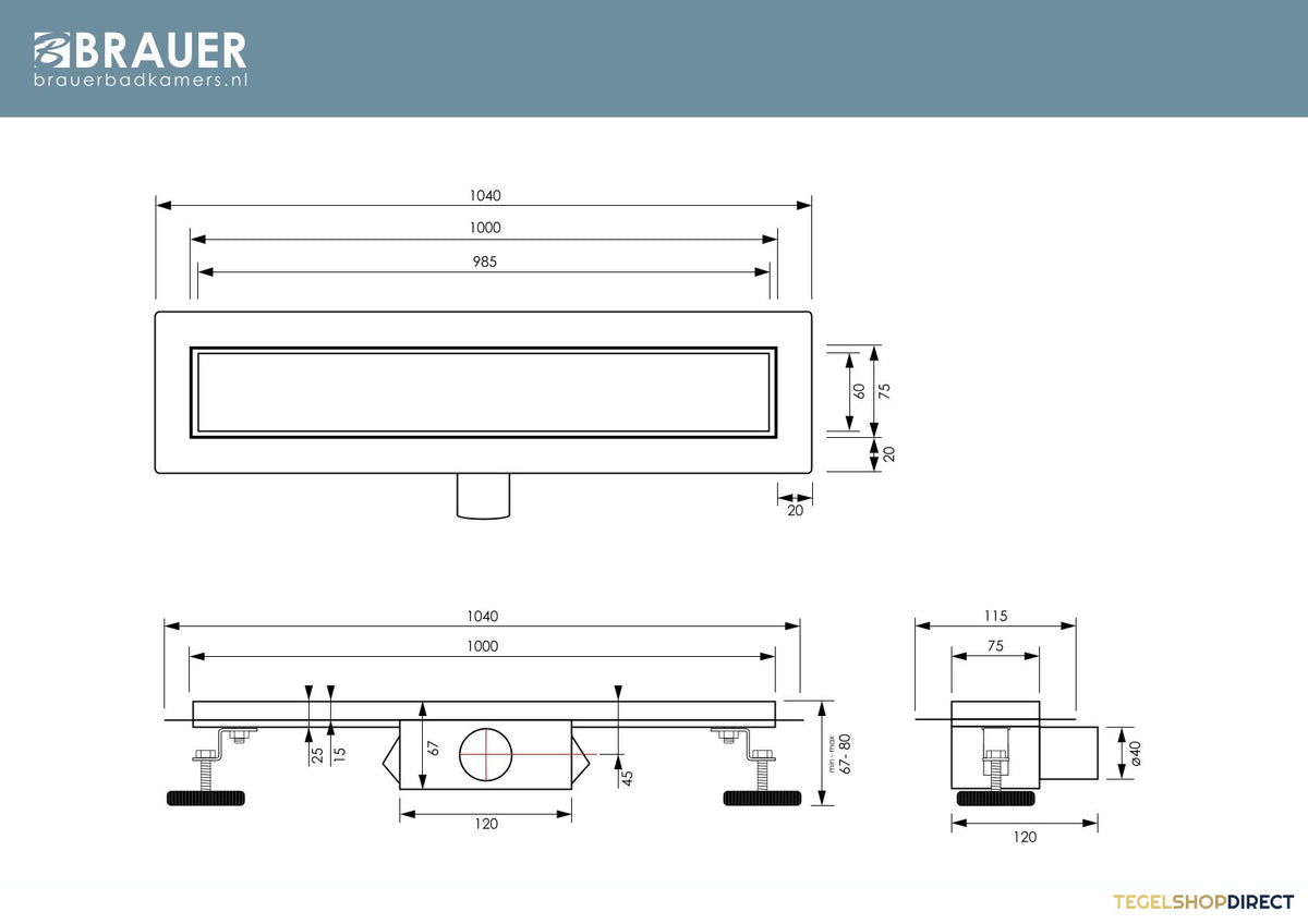 Douchegoot Brauer Zero RVS Inclusief Vloerflens 100x7 cm Tegelinlegrooster Omkeerbaar – afbeelding 5