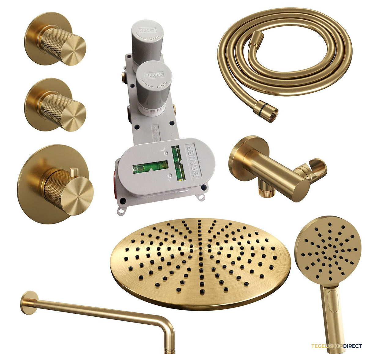 Regendoucheset Inbouw Brauer Gold Carving Thermostatisch 30cm met Gebogen Wandarm en Handdouche 3-Standen Losse Stopkranen Geborsteld Goud – afbeelding 4