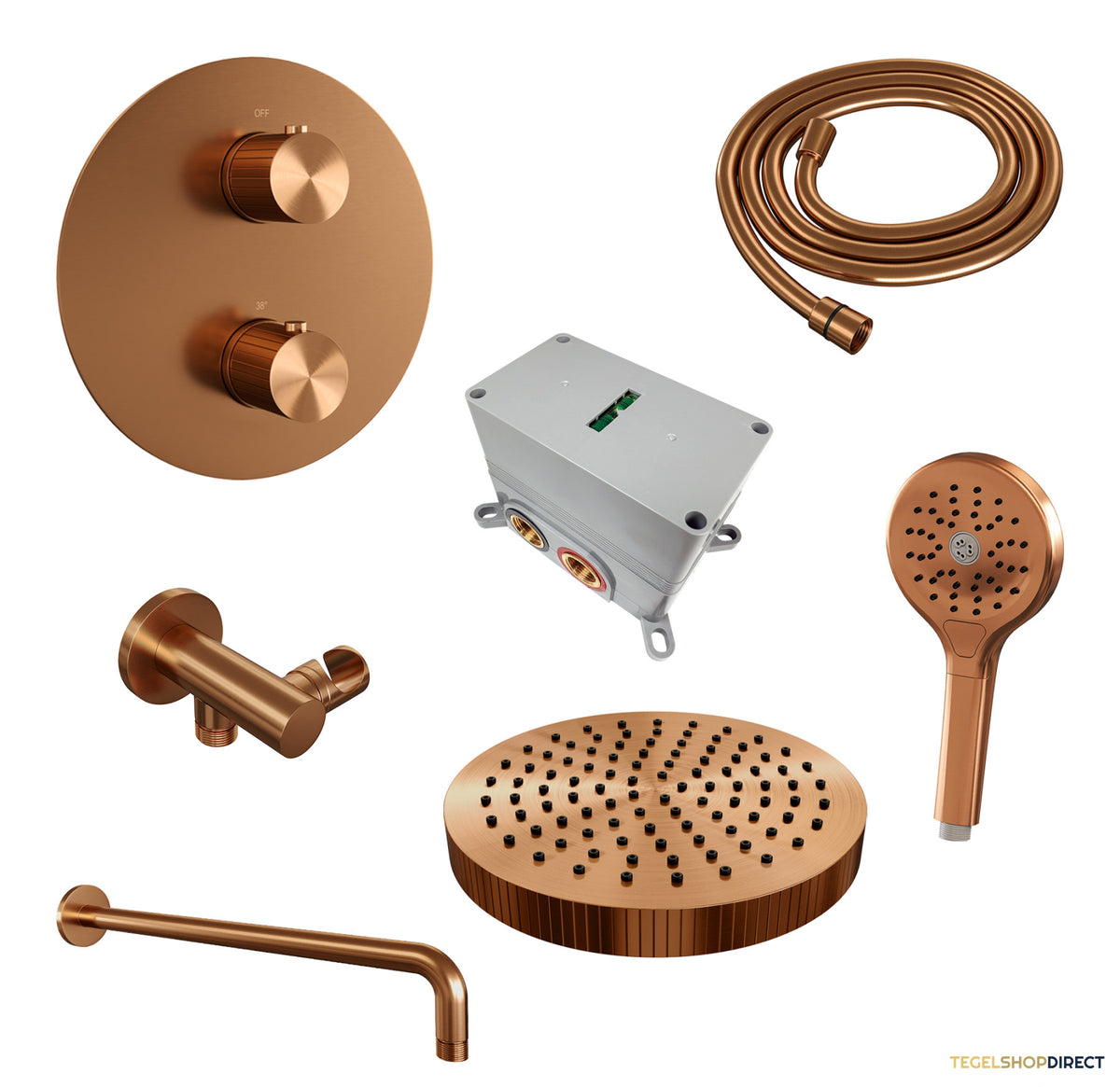 Brauer Stripe thermostatische inbouw regendouche 3-weg rond SET 41 met 25 cm douchekop en gebogen muurarm en 3-standen handdouche en doucheslang en wandaansluitbocht koper geborsteld PVD – afbeelding 3