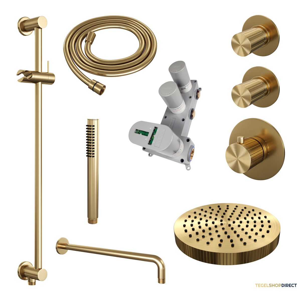 Brauer Stripe thermostatische inbouw regendouche SET 08 met 25 cm douchekop en gebogen muurarm en staaf handdouche en doucheslang en geintegreerde glijstang goud geborsteld PVD – afbeelding 3