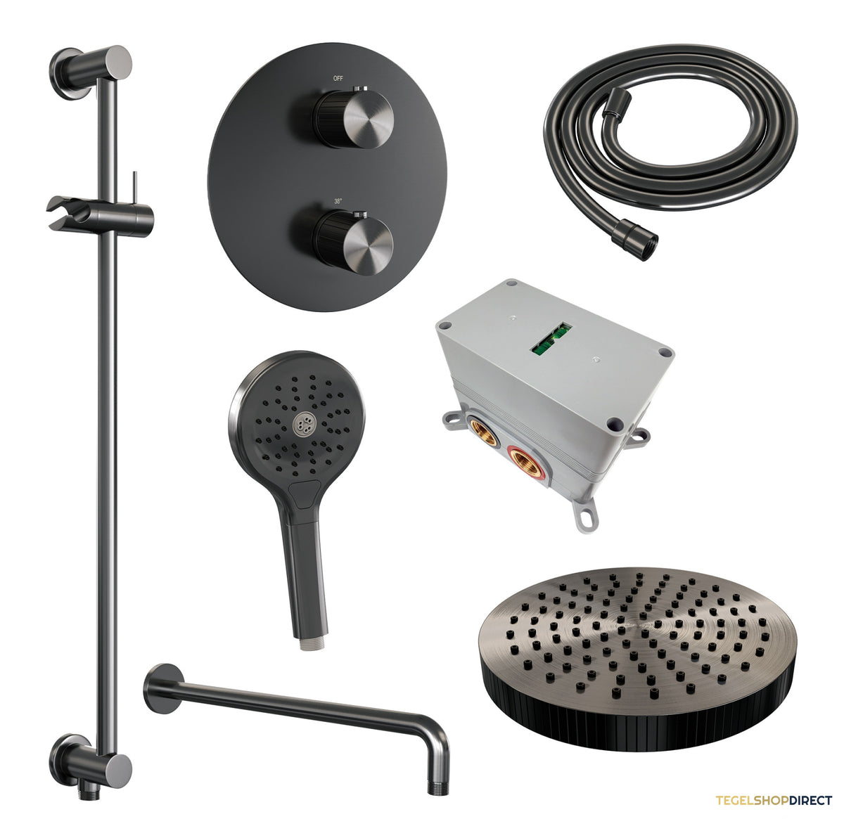 Brauer Stripe thermostatische inbouw regendouche 3-weg rond SET 47 met 25 cm douchekop en gebogen muurarm en 3-standen handdouche en doucheslang en geintegreerde glijstang gunmetal geborsteld PVD – afbeelding 3
