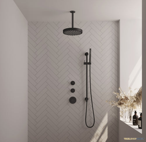 Brauer Stripe thermostatische inbouw regendouche SET 09 met 25 cm douchekop en plafondarm en staaf handdouche en doucheslang en geintegreerde glijstang mat zwart
