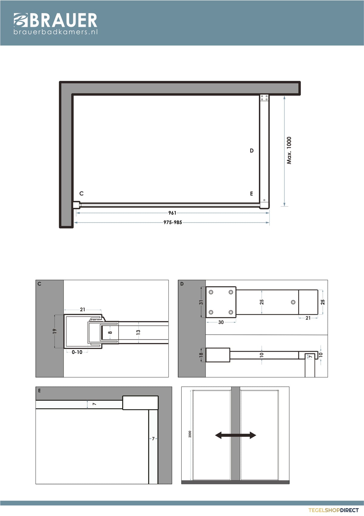 BRAUER Collision Inloopdouche 100x200 Helder Glas Incl. Glascoating PVD Goud Geborsteld – afbeelding 5