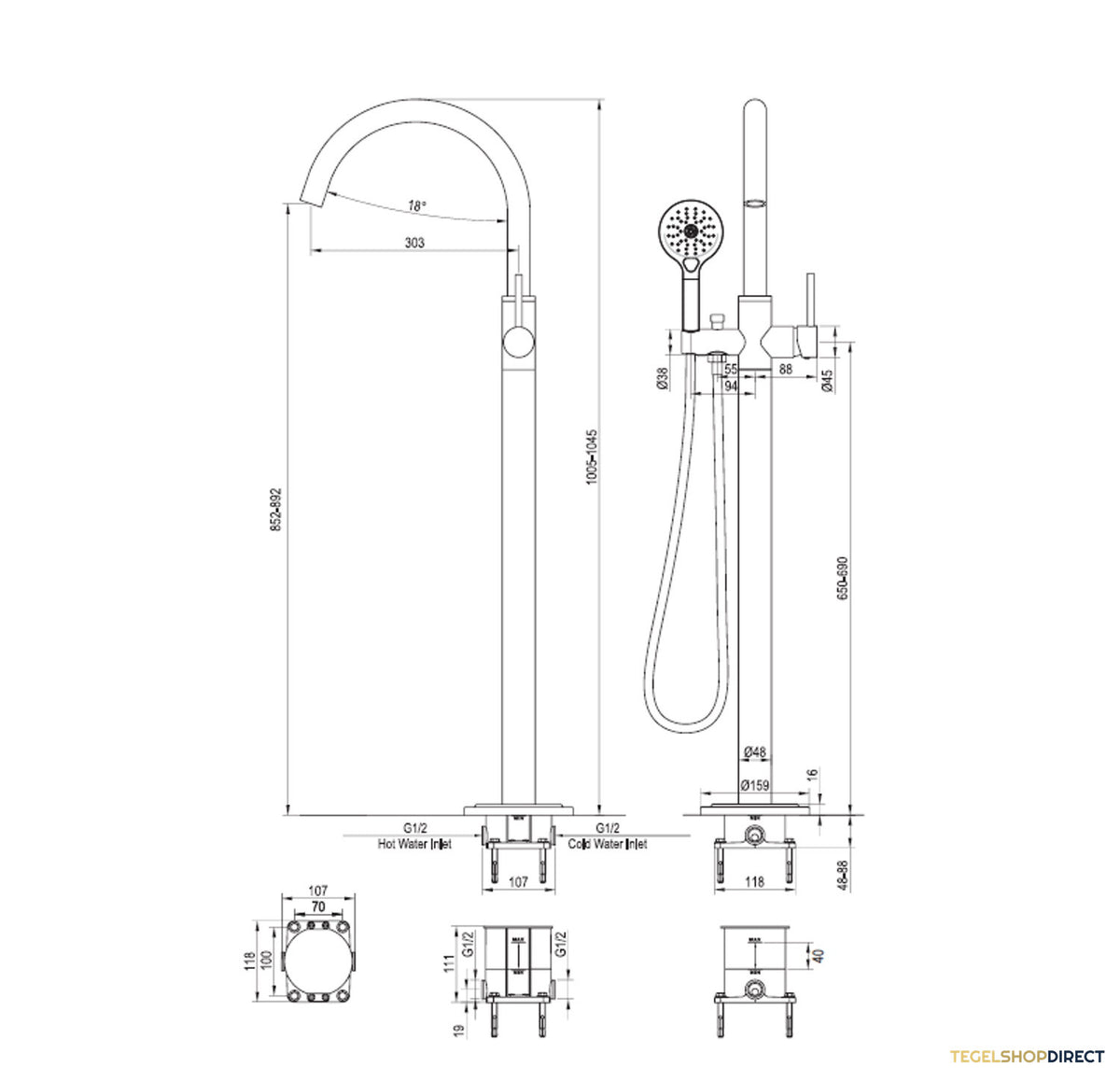 Vrijstaande Badkraan Brauer Copper Met Handdouche Rond Koper – afbeelding 5