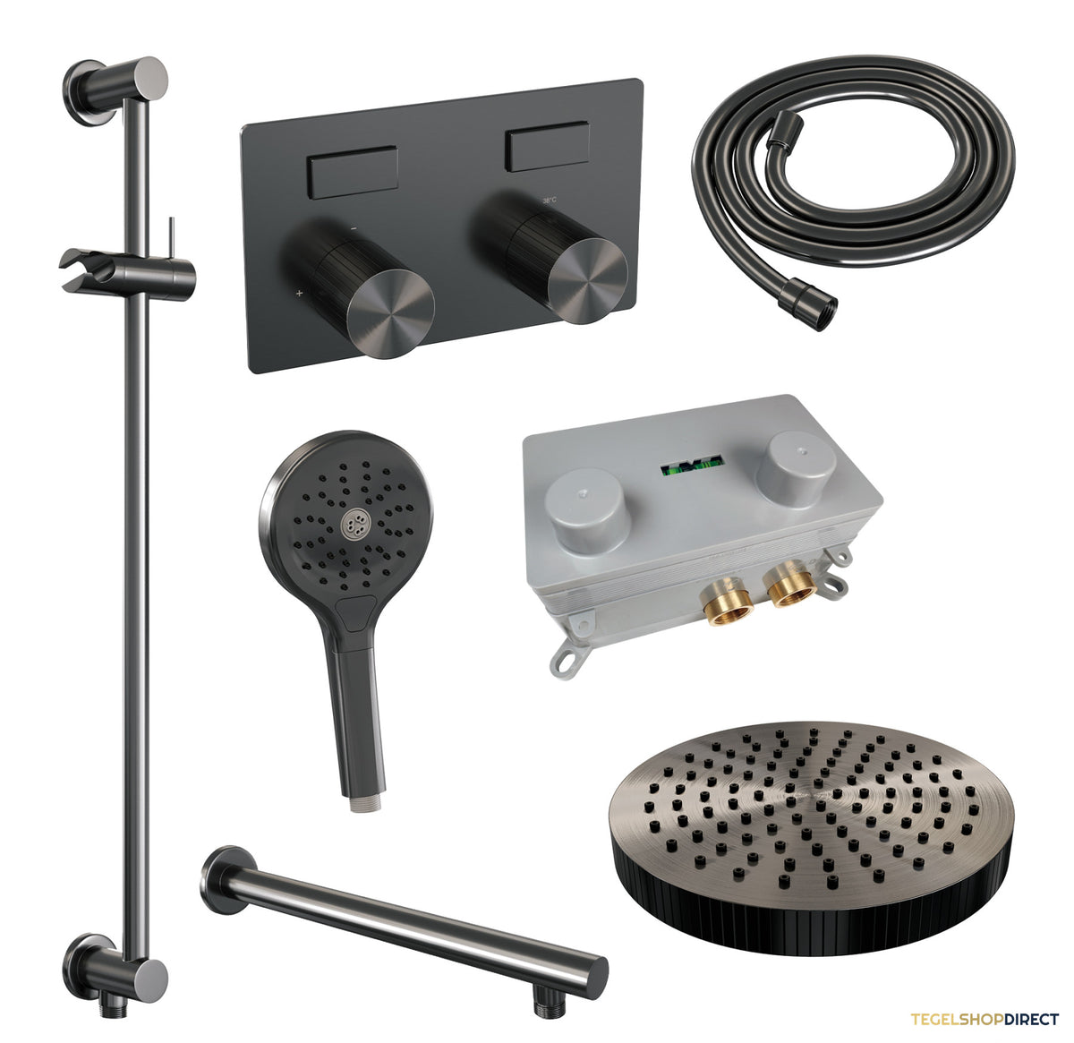 Brauer Stripe thermostatische inbouw regendouche met drukknoppen SET 34 met 25 cm douchekop en rechte muurarm en 3-standen handdouche en doucheslang en geintegreerde glijstang gunmetal geborsteld PVD – afbeelding 3