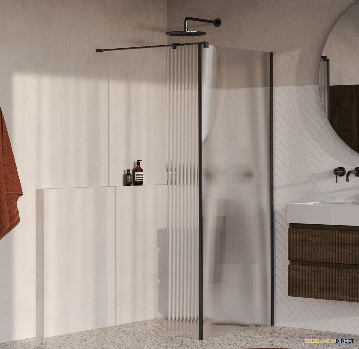 BRAUER Oblivion Flow inloopdouche helder ribbelglas 90x200 met zijwand 30 incl. glascoating Geborsteld Gunmetal PVD