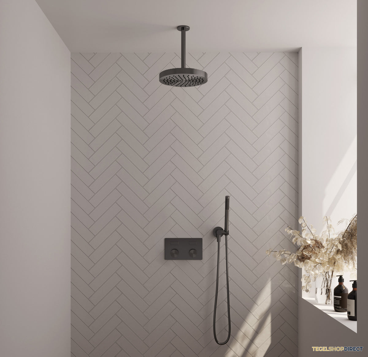 Brauer Stripe thermostatische inbouw regendouche met drukknoppen SET 27 met 25 cm douchekop en plafondarm en staaf handdouche en doucheslang en wandaansluitbocht gunmetal geborsteld PVD