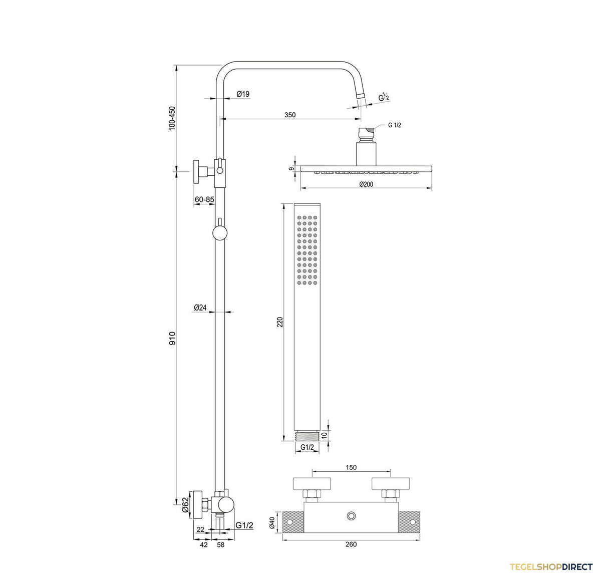 Regendoucheset Opbouw Brauer Chrome Carving 20 cm Thermostatisch met Staaf Handdouche Chroom – afbeelding 7