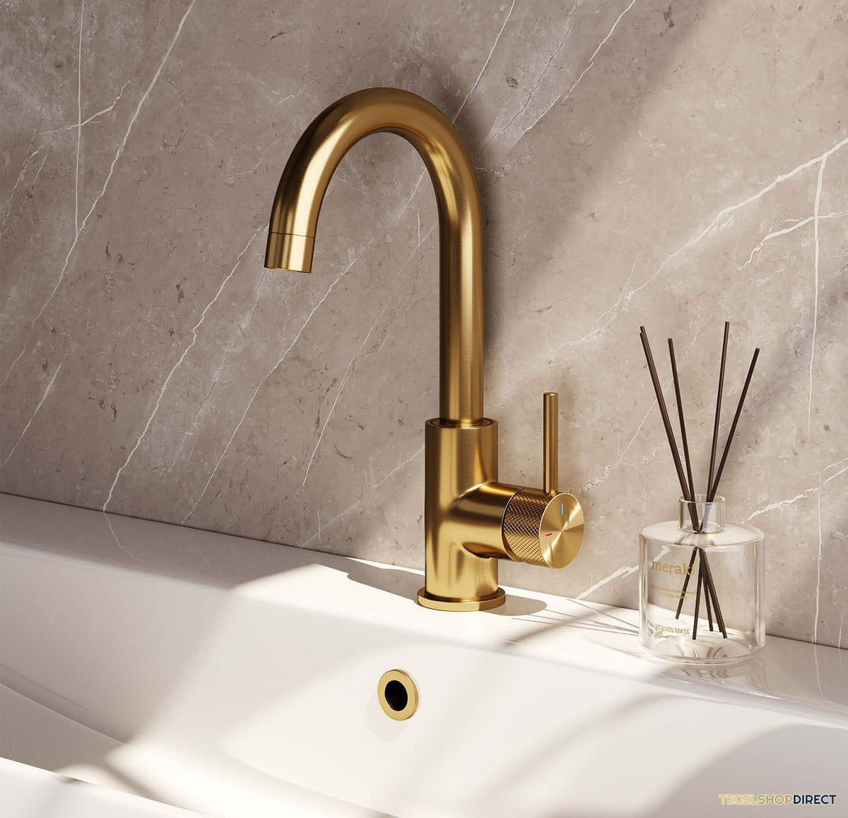 Wastafelmengkraan Brauer Gold Carving Coldstart Opbouw Hoog Gebogen Ronde Hendel Geborsteld Goud PVD PVD – afbeelding 2