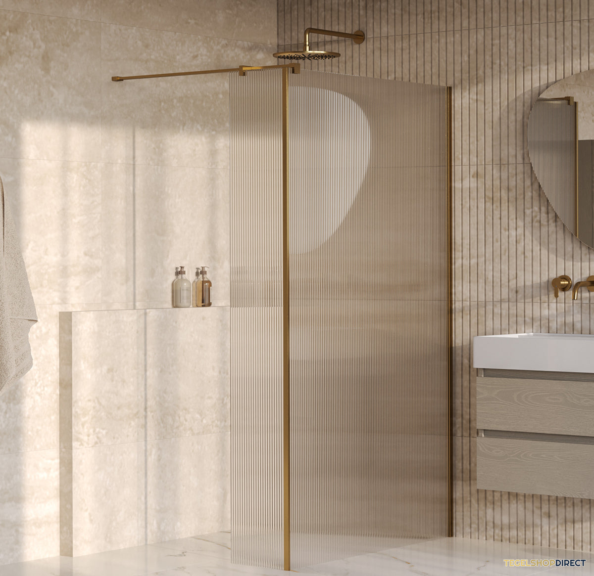 BRAUER Oblivion Flow inloopdouche helder ribbelglas 120x200 met zijwand 30 incl. glascoating Geborsteld Goud PVD
