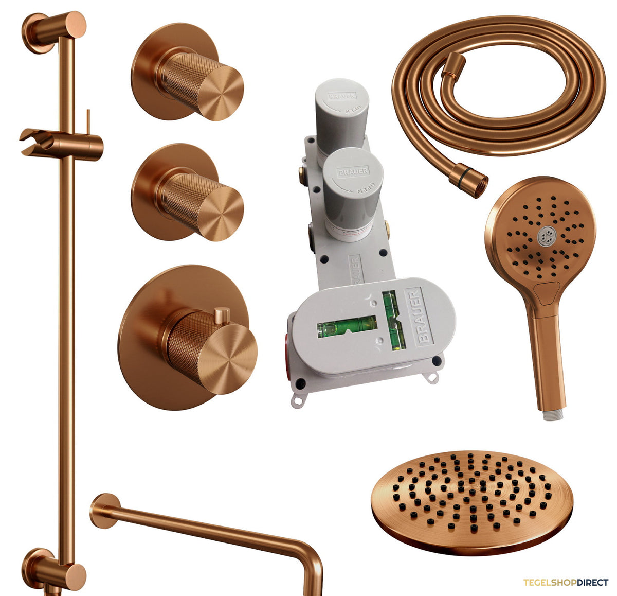Regendoucheset Inbouw Brauer Copper Carving Thermostatisch 20cm met Gebogen Wandarm, Glijstang en Handdouche 3-Standen Losse Stopkranen Geborsteld Koper – afbeelding 9