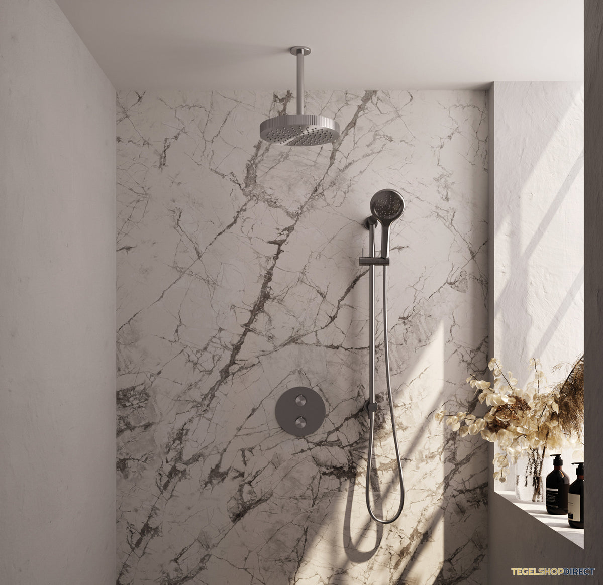 Brauer Stripe thermostatische inbouw regendouche 3-weg rond SET 48 met 25 cm douchekop en plafondarm en 3-standen handdouche en doucheslang en geintegreerde glijstang RVS-kleurig geborsteld PVD