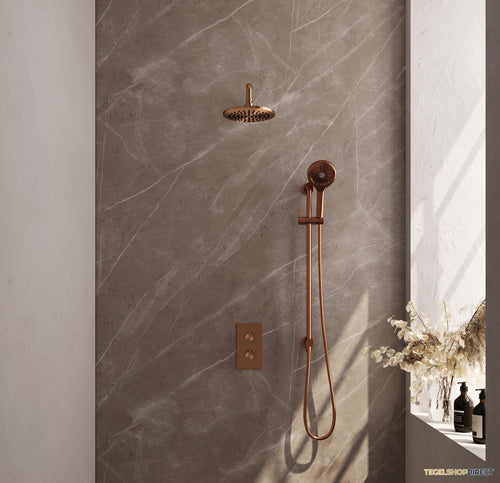 Regendoucheset Inbouw Brauer Copper Carving Thermostatisch 20cm met Gebogen Wandarm, Glijstang en Handdouche 3-Standen Losse Stopkranen Geborsteld Koper