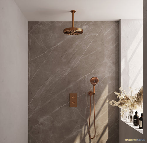 Brauer Stripe thermostatische inbouw regendouche 3-weg rechthoekig SET 18 met 25 cm douchekop en plafondarm en 3-standen handdouche en doucheslang en wandaansluitbocht koper geborsteld PVD