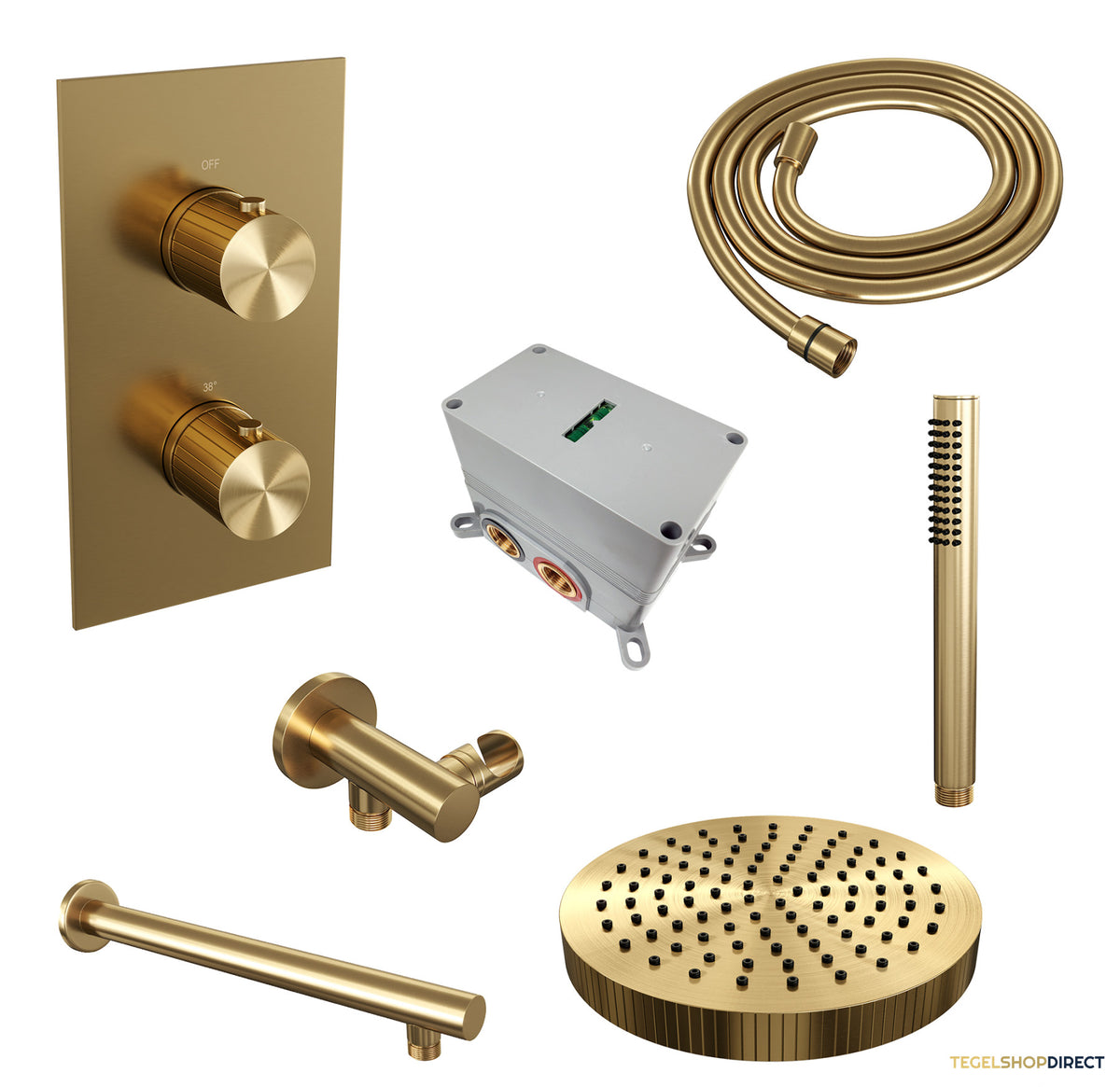 Brauer Stripe thermostatische inbouw regendouche 3-weg rechthoekig SET 13 met 25 cm douchekop en rechte muurarm en staaf handdouche en doucheslang en wandaansluitbocht goud geborsteld PVD – afbeelding 3