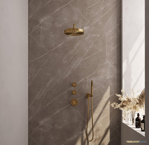 Brauer Stripe thermostatische inbouw regendouche SET 02 met 25 cm douchekop en gebogen muurarm en staaf handdouche en doucheslang en wandaansluitbocht goud geborsteld PVD
