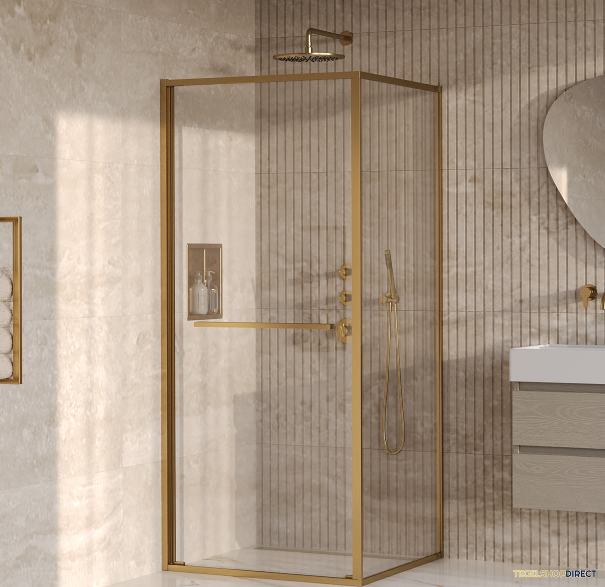 BRAUER Luminis Douchecabine 2-Delig Naar Binnen Draaiend 90x90x200 Omkeerbaar Helder Glas Incl. Glascoating PVD Goud Geborsteld