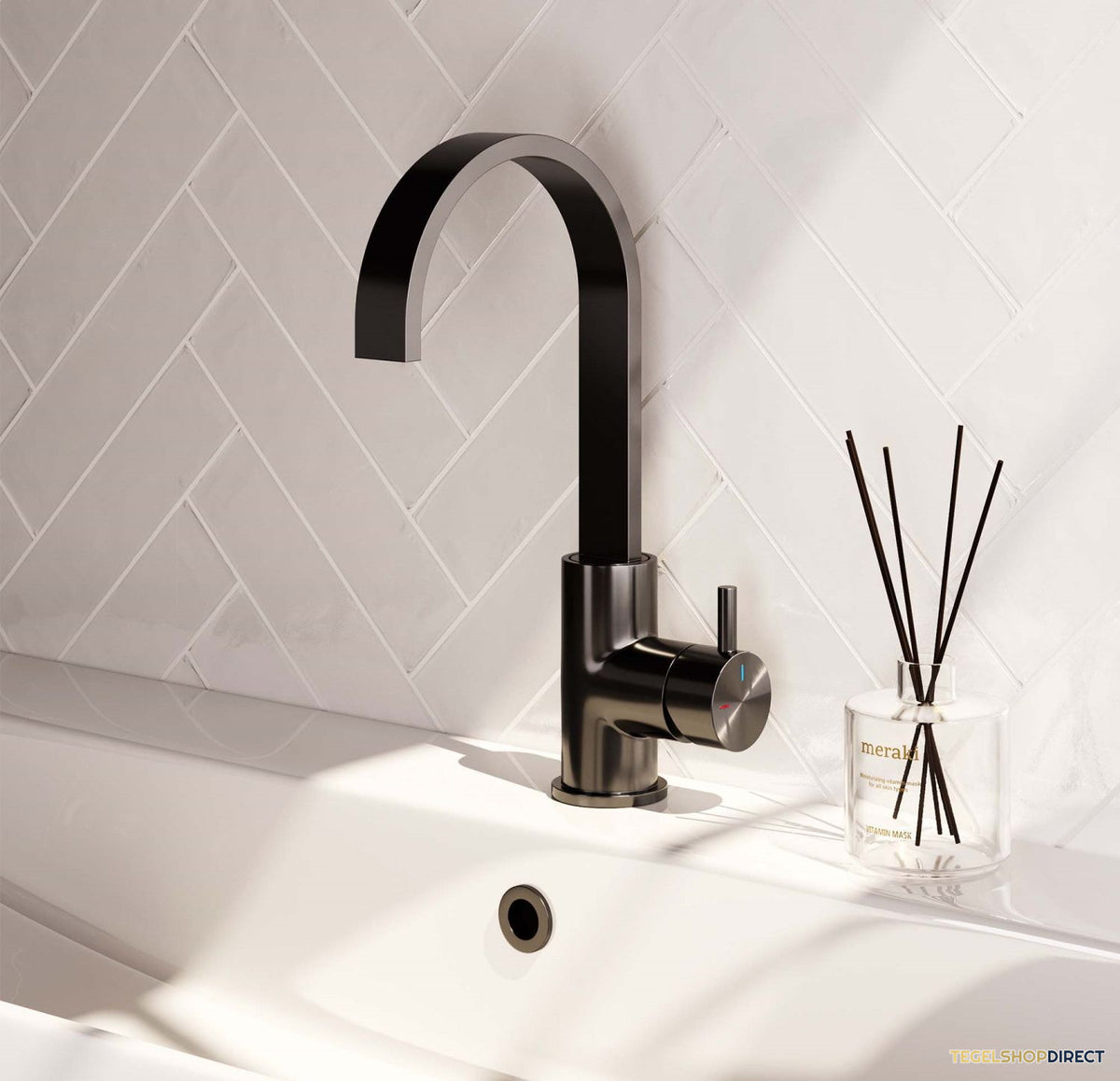 Wastafelmengkraan Brauer Gunmetal Edition Coldstart Opbouw Hoog Plat Gebogen Korte Ronde Hendel Geborsteld Gunmetal PVD – afbeelding 2