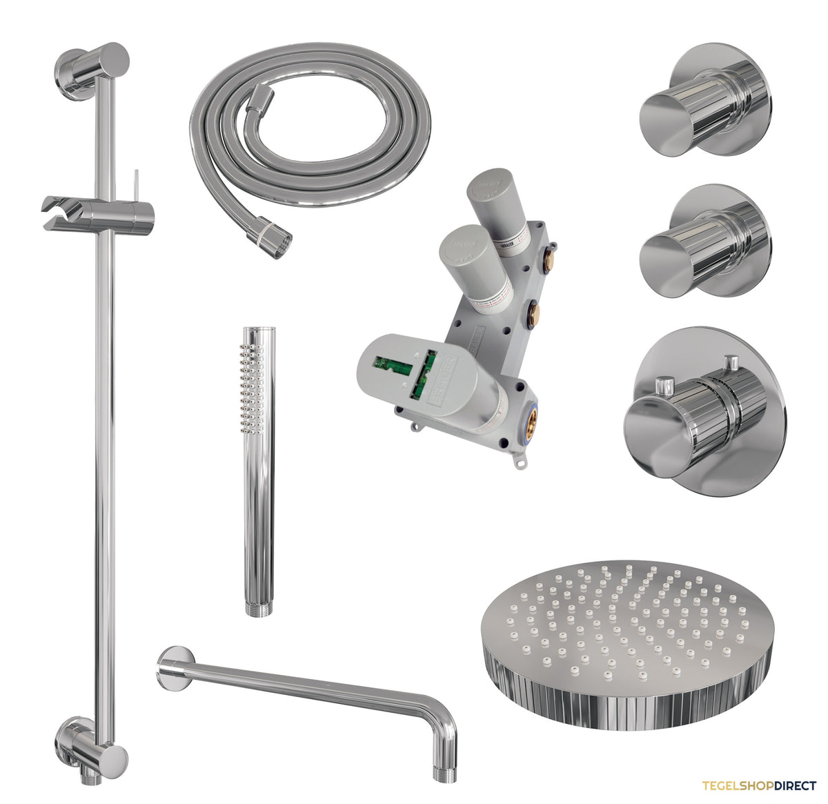 Brauer Stripe thermostatische inbouw regendouche SET 08 met 25 cm douchekop en gebogen muurarm en staaf handdouche en doucheslang en geintegreerde glijstang chroom – afbeelding 3