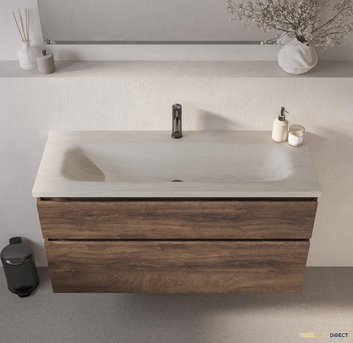 BRAUER Dune Medium wastafel 120 cm met 1 wasbak en 1 kraangat Sintered Stone Ivory Travertin