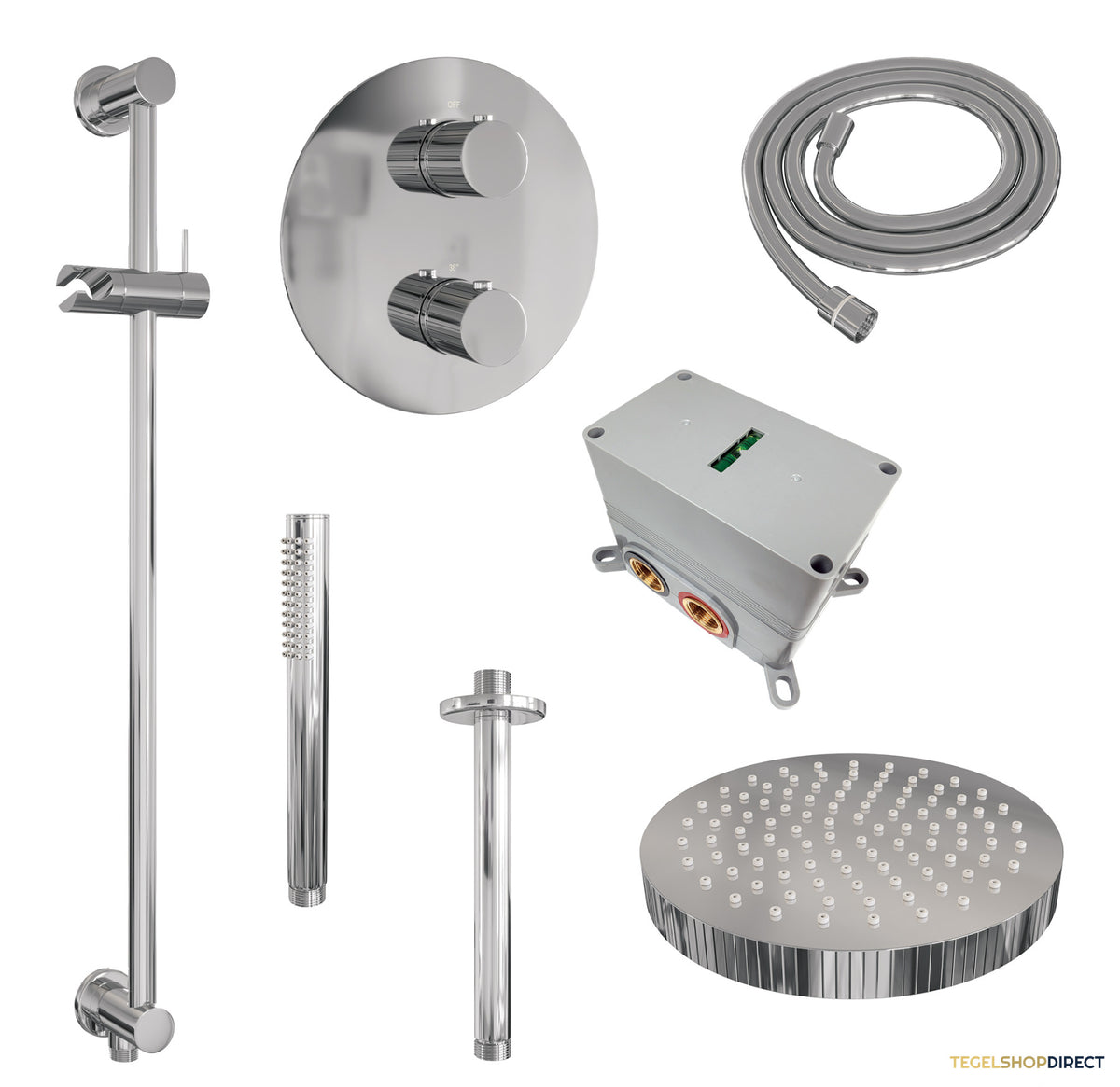 Brauer Stripe thermostatische inbouw regendouche 3-weg rond SET 45 met 25 cm douchekop en plafondarm en staaf handdouche en doucheslang en geintegreerde glijstang chroom – afbeelding 3