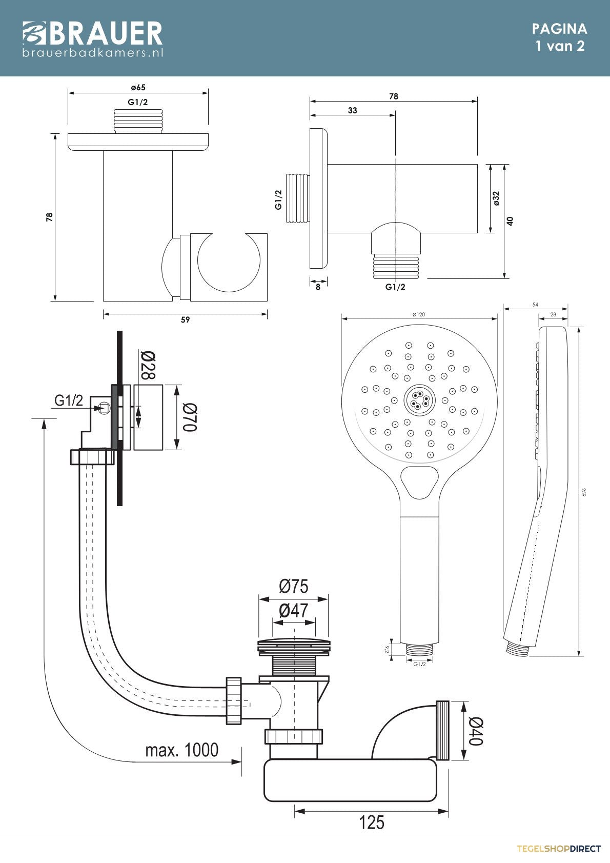 Brauer Stripe thermostatische inbouw badkraan met drukknoppen SET 04 met badvulcombinatie en 3-standen handdouche en doucheslang en wandaansluitbocht RVS-kleurig geborsteld PVD – afbeelding 9