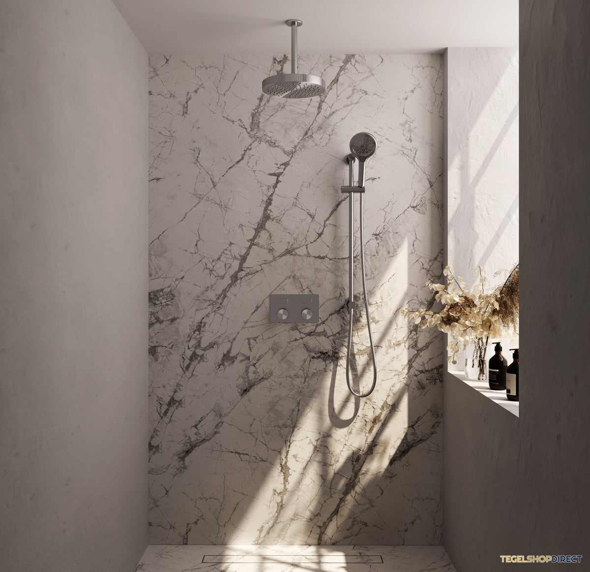 Brauer Stripe thermostatische inbouw regendouche met drukknoppen SET 36 met 25 cm douchekop en plafondarm en 3-standen handdouche en doucheslang en geintegreerde glijstang RVS-kleurig geborsteld PVD – afbeelding 2