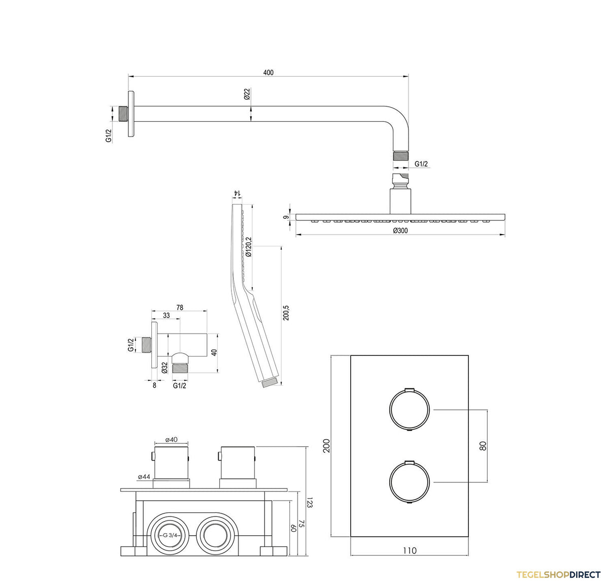 Regendoucheset Inbouw Brauer Gunmetal Edition Thermostatisch 30cm met 3-Weg Omstelling, Gebogen Wandarm en 3-Standen Handdouche Geborsteld Gunmetal – afbeelding 11