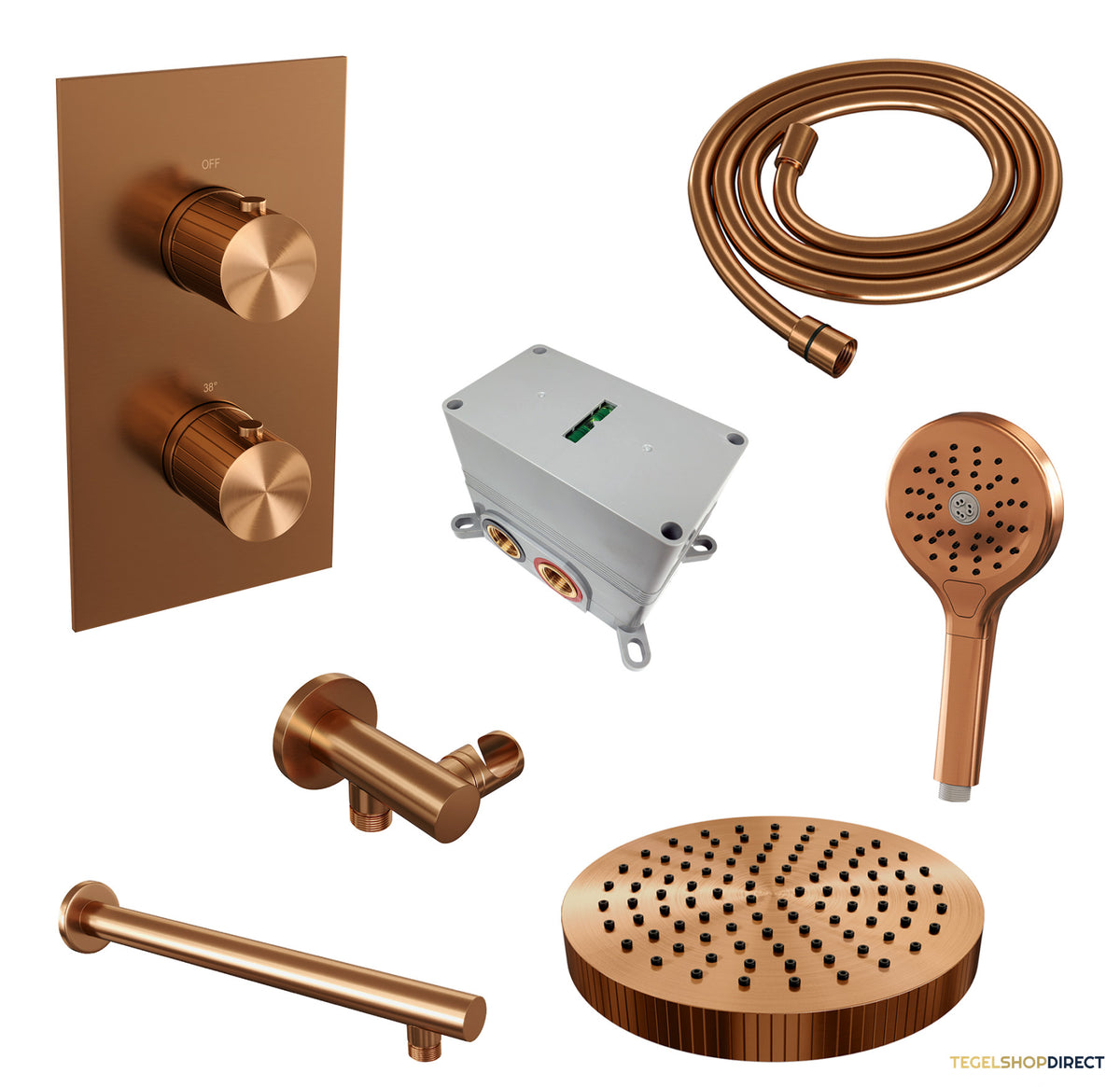 Brauer Stripe thermostatische inbouw regendouche 3-weg rechthoekig SET 16 met 25 cm douchekop en rechte muurarm en 3-standen handdouche en doucheslang en wandaansluitbocht koper geborsteld PVD – afbeelding 3