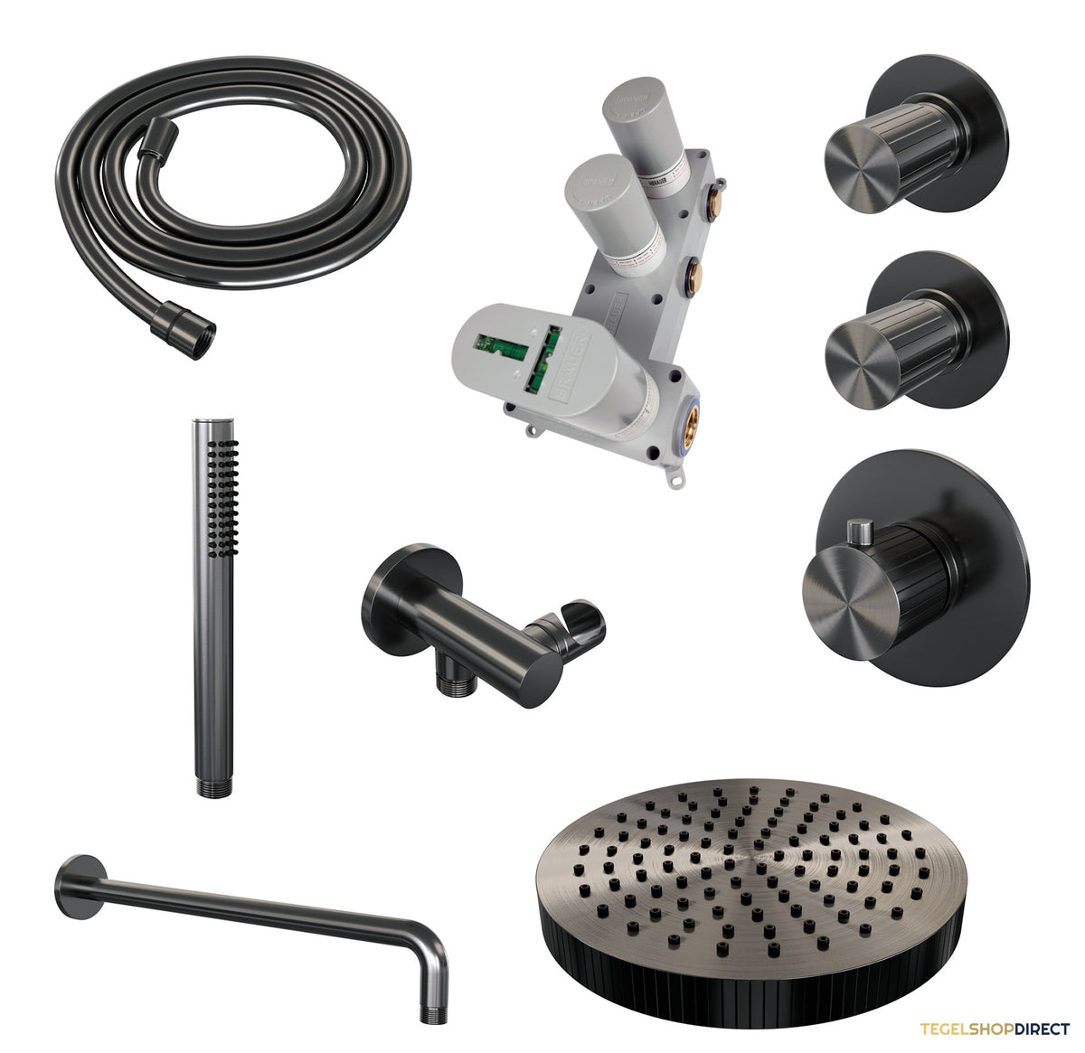 Brauer Stripe thermostatische inbouw regendouche SET 02 met 25 cm douchekop en gebogen muurarm en staaf handdouche en doucheslang en wandaansluitbocht gunmetal geborsteld PVD – afbeelding 3