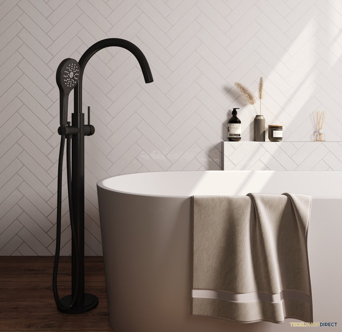 Brauer Stripe vrijstaande badmengkraan SET 02 met 3-standen handdouche en doucheslang mat zwart