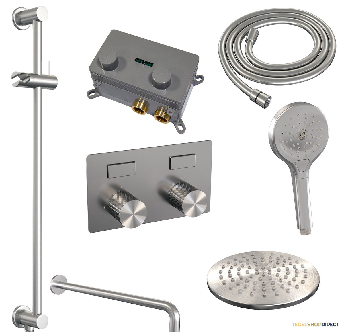 Thermostatische Inbouw Regendouche Brauer Carving Edition Met Drukknoppen SET 69 Met 20 cm Douchekop En Gebogen Muurarm En Staaf 3-Standen Handdouche En Doucheslang En Geintergreerde Glijstang RVS Geborsteld