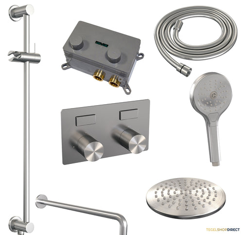 Thermostatische Inbouw Regendouche Brauer Carving Edition Met Drukknoppen SET 69 Met 20 cm Douchekop En Gebogen Muurarm En Staaf 3-Standen Handdouche En Doucheslang En Geintergreerde Glijstang RVS Geborsteld