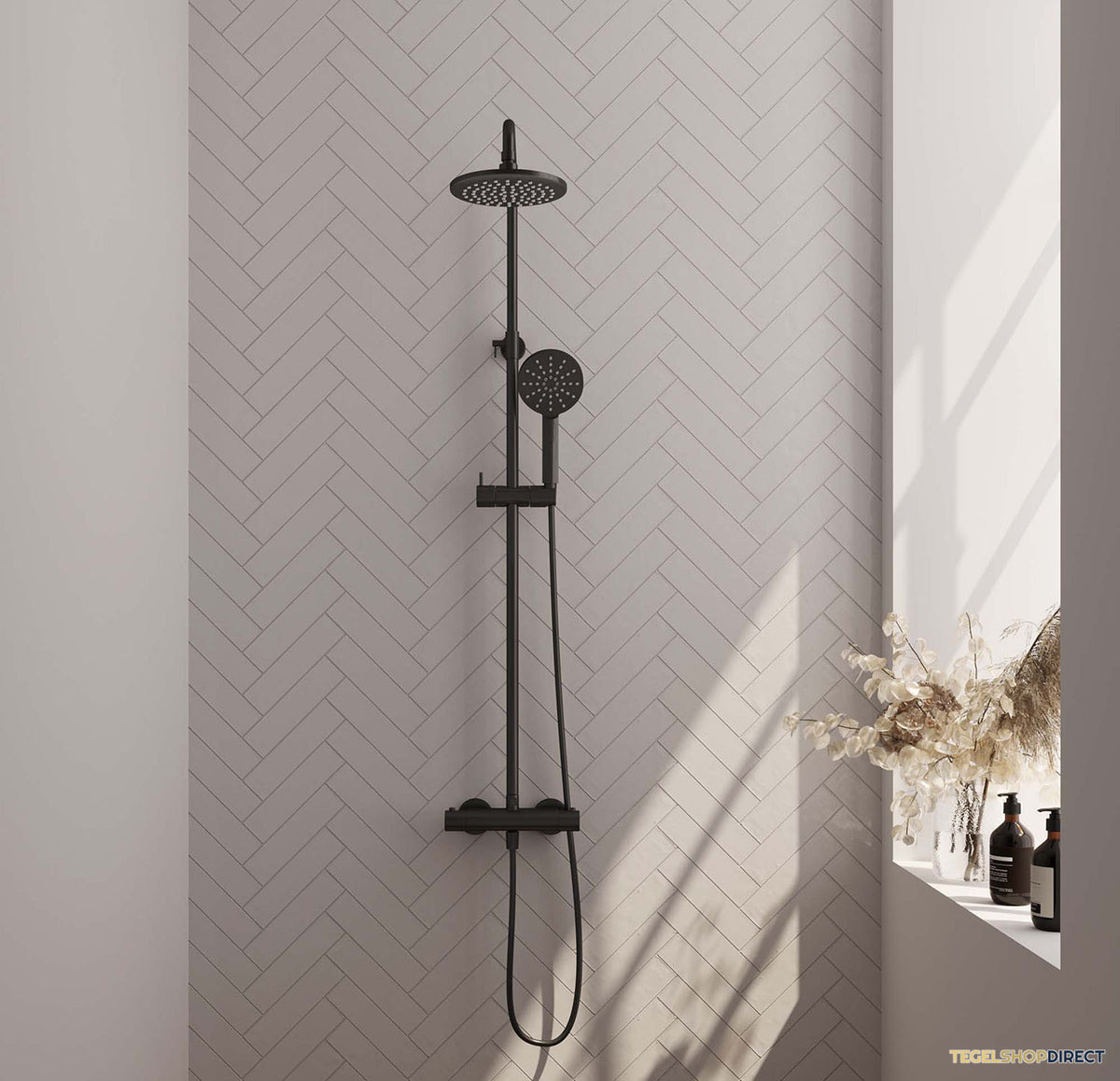 Regendouche Brauer Black Showerpipe met Thermostaat 20cm 3 Standen Mat Zwart