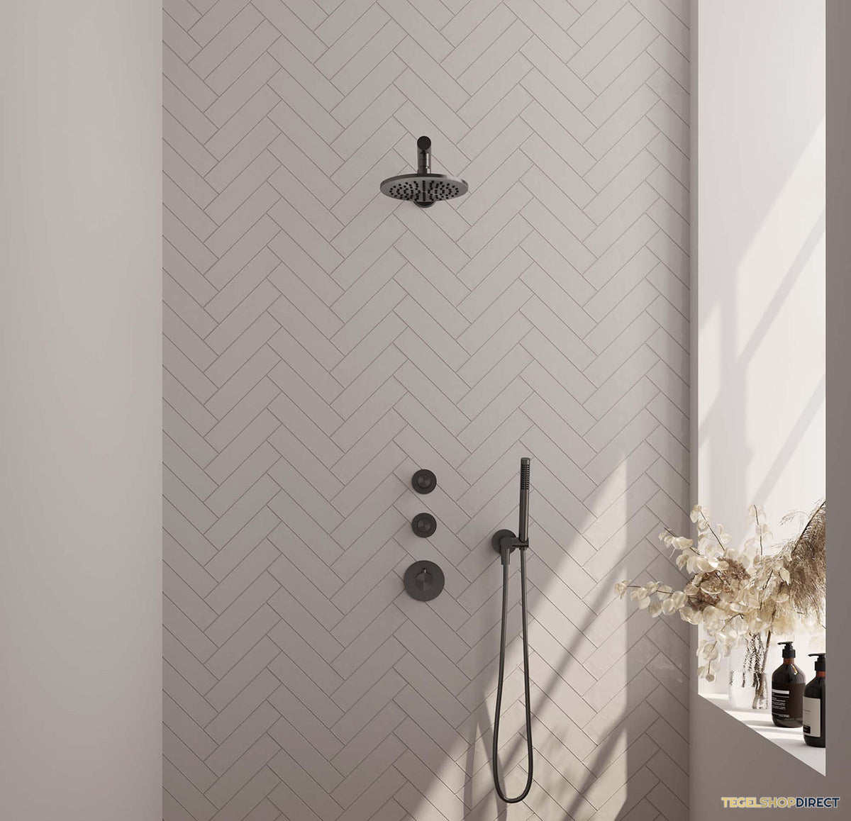 Regendoucheset Inbouw Brauer Gunmetal Edition Thermostatisch 20cm met Wandarm en Handdouche Staaf Losse Stopkranen Geborsteld Gunmetal