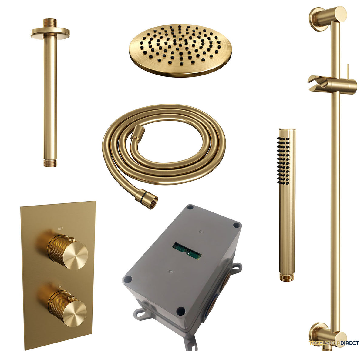 Regendoucheset Inbouw Brauer Gold Carving Thermostatisch 20cm met 3-Weg Omstelling, Plafondarm, Glijstang en Staaf Handdouche Geborsteld Goud – afbeelding 4