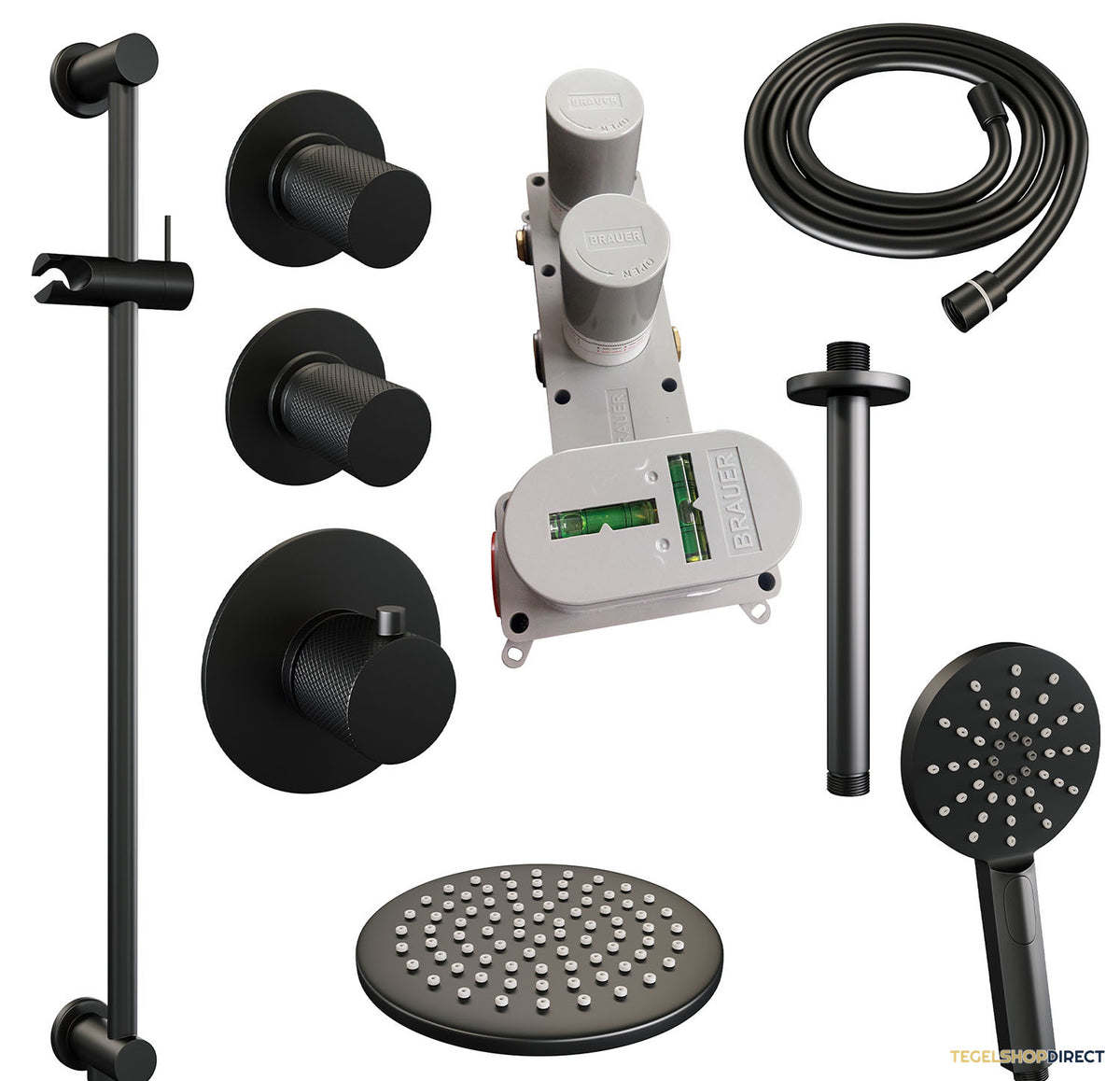 Regendoucheset Inbouw Brauer Black Carving Thermostatisch 20cm met Plafondarm, Glijstang en Handdouche 3-Standen Losse Stopkranen Mat Zwart – afbeelding 3